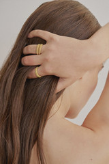 Profile view of model wearing the Oroton Caterina Textured Ring in 18K Gold and Recycled 925 Sterling Silver for Women