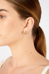 Profile view of model wearing the Oroton Sphere Double Hoop in 18K Gold/Silver and Recycled 925 Sterling Silver for Women