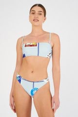 Profile view of model wearing the Oroton Picnic Print Bikini Bottom in Pale Blue and 78% polyamide, 22% elastane for Women