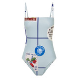 Front product shot of the Oroton Picnic Print Bandeau One Piece in Pale Blue and 78% polyamide, 22% elastane for Women