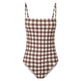 Front product shot of the Oroton Gingham Print Bandeau One Piece in Chocolate and 78% polyamide, 22% elastane for Women