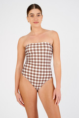 Profile view of model wearing the Oroton Gingham Print Bandeau One Piece in Chocolate and 78% polyamide, 22% elastane for Women