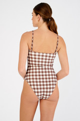 Profile view of model wearing the Oroton Gingham Print Bandeau One Piece in Chocolate and 78% polyamide, 22% elastane for Women