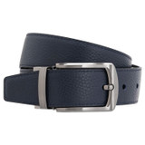 Front product shot of the Oroton Ethan Pebble Reversible Belt in Black/Dark Navy and Pebble Leather for Men