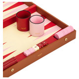 Internal product shot of the Oroton Games Backgammon Suitcase in Amber/Dark Poppy and Pebble leather for Women