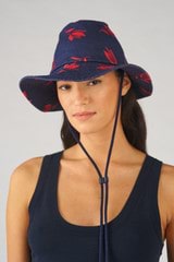 Profile view of model wearing the Oroton Boyd Printed Hat in Dutch Tulip Print and Canvas for Women