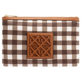Front product shot of the Oroton Boyd Printed Medium Pouch in Gingham and Canvas and leather trims for Women