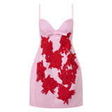 Front product shot of the Oroton Contrast 3D Flower Mini Dress in Rose/Poppy and 100% linen for Women
