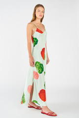 Profile view of model wearing the Oroton Posie Garden Print Slip Dress in Sea Spray and 100% silk for Women