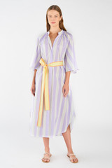 Profile view of model wearing the Oroton Block Stripe Shirt Dress in Lilac and 100% cotton for Women