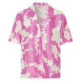 Front product shot of the Oroton Silhouette Print Short Sleeve Camp Shirt in Carmine Pink and 100% silk for Women