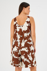 Profile view of model wearing the Oroton Silhouette Print Silk Tank in Deep Spice and 100% silk for Women
