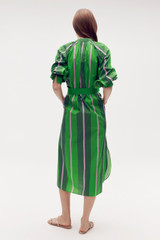 Profile view of model wearing the Oroton Calypso Stripe Shirt Dress in Jewel Green and 100% cotton for Women