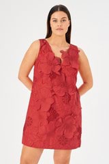 Profile view of model wearing the Oroton Lace Shift Dress in Poppy and 100% polyester for Women