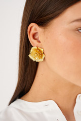 Profile view of model wearing the Oroton Etta Earrings in Worn Gold and Brass for Women