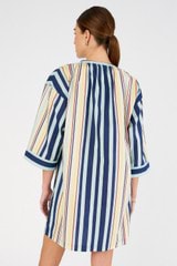 Profile view of model wearing the Oroton Boathouse Stripe Dress in Multi and 100% cotton for Women