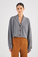 Profile view of model wearing the Oroton Merino Shawl Collar Rib Knit in Mid Grey Marle and 100% Merino Wool for Women