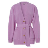 Front product shot of the Oroton Merino Long Line Cardi in Lilac and 100% Merino Wool for Women