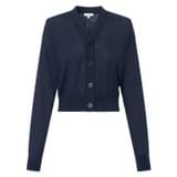 Front product shot of the Oroton Long Sleeve Crop Cardi in North Sea and 100% Merino for Women