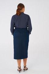 Profile view of model wearing the Oroton Trouser Skirt in North Sea and 100% Cotton for Women