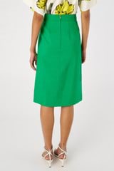 Profile view of model wearing the Oroton A-Line Skirt in Jewel Green and 58% viscose 42% linen for Women