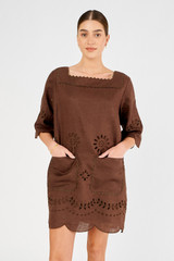 Profile view of model wearing the Oroton Broderie Tunic Dress in Espresso and 100% linen for Women