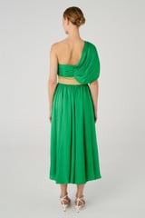 Profile view of model wearing the Oroton Drape Dress in Jewel Green and 77% cotton, 23% linen & 100% recycled polyester for Women