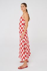 Profile view of model wearing the Oroton Quilt Print Dress in Poppy and 100% Silk for Women