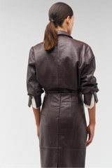 Profile view of model wearing the Oroton Embossed Croc Long Sleeve Overshirt in Burgundy and 100% leather for Women