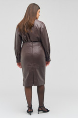 Profile view of model wearing the Oroton Embossed Croc Pencil Skirt in Burgundy and 100% leather for Women