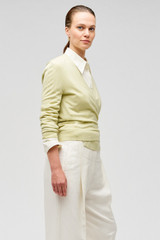 Profile view of model wearing the Oroton Wrap Cardigan in Fennel and 100% merino wool for Women