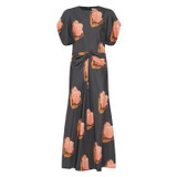 Front product shot of the Oroton Linear Tulip Print Dress in Black and 100% silk for Women