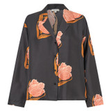 Front product shot of the Oroton Linear Tulip Print Long Sleeve Camp Shirt in Black and 100% silk for Women