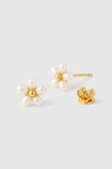 Detail product shot of the Oroton Posie Mini Flower Studs in Gold/Pearl and Freshwater pearl for Women