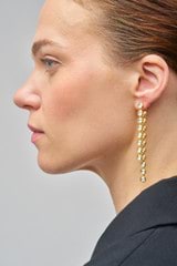 Profile view of model wearing the Oroton Lori Drop Earrings in Gold and Brass for Women