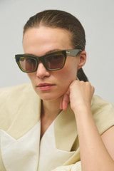 Profile view of model wearing the Oroton Sebes Sunglasses in Dark Olive and Acetate for Women