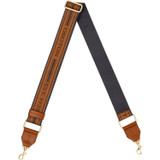 Front product shot of the Oroton Heather Long Webbing Strap in Navy/Cognac and 100% Jacqard webbing for Women
