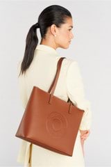 Profile view of model wearing the Oroton Polly Smooth Medium Zip Tote in Cognac and Smoother leather fused with saffiano PU for Women