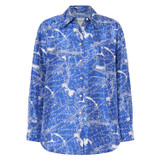 Front product shot of the Oroton Long Sleeve Map Print Camp Shirt in Indigo and 100% silk for Women