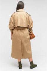 Profile view of model wearing the Oroton Trench in Dark Camel and 65% polyester, 35% cotton for Women