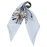 Front product shot of the Oroton Striped Flower Silk Scarf in Mist and 100% silk for Women