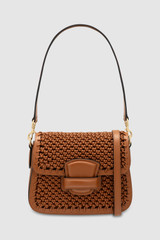 Front product shot of the Oroton Carter Collectable Small Day Bag in Amber and Smooth leather, handwoven leather for Women