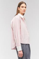 Profile view of model wearing the Oroton Contrast Collar Shirt in Pink Blush and 100% cotton for Women