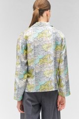 Profile view of model wearing the Oroton French Map Camp Shirt in Multi and 100% silk for Women