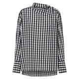 Front product shot of the Oroton High Neck Check Blouse in Black/White and 92% silk, 8% spandex for Women