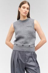 Profile view of model wearing the Oroton Button Detail Shell Knit in Grey Marle and 100% wool for Women