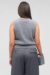 Profile view of model wearing the Oroton Button Detail Shell Knit in Grey Marle and 100% wool for Women