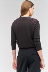 Profile view of model wearing the Oroton Doilie Detail Cardigan in Bitter Choc and 100% wool for Women