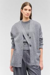 Profile view of model wearing the Oroton Button Detail Long Line Cardigan in Grey Marle and 100% wool for Women