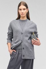 Profile view of model wearing the Oroton Button Detail Long Line Cardigan in Grey Marle and 100% wool for Women